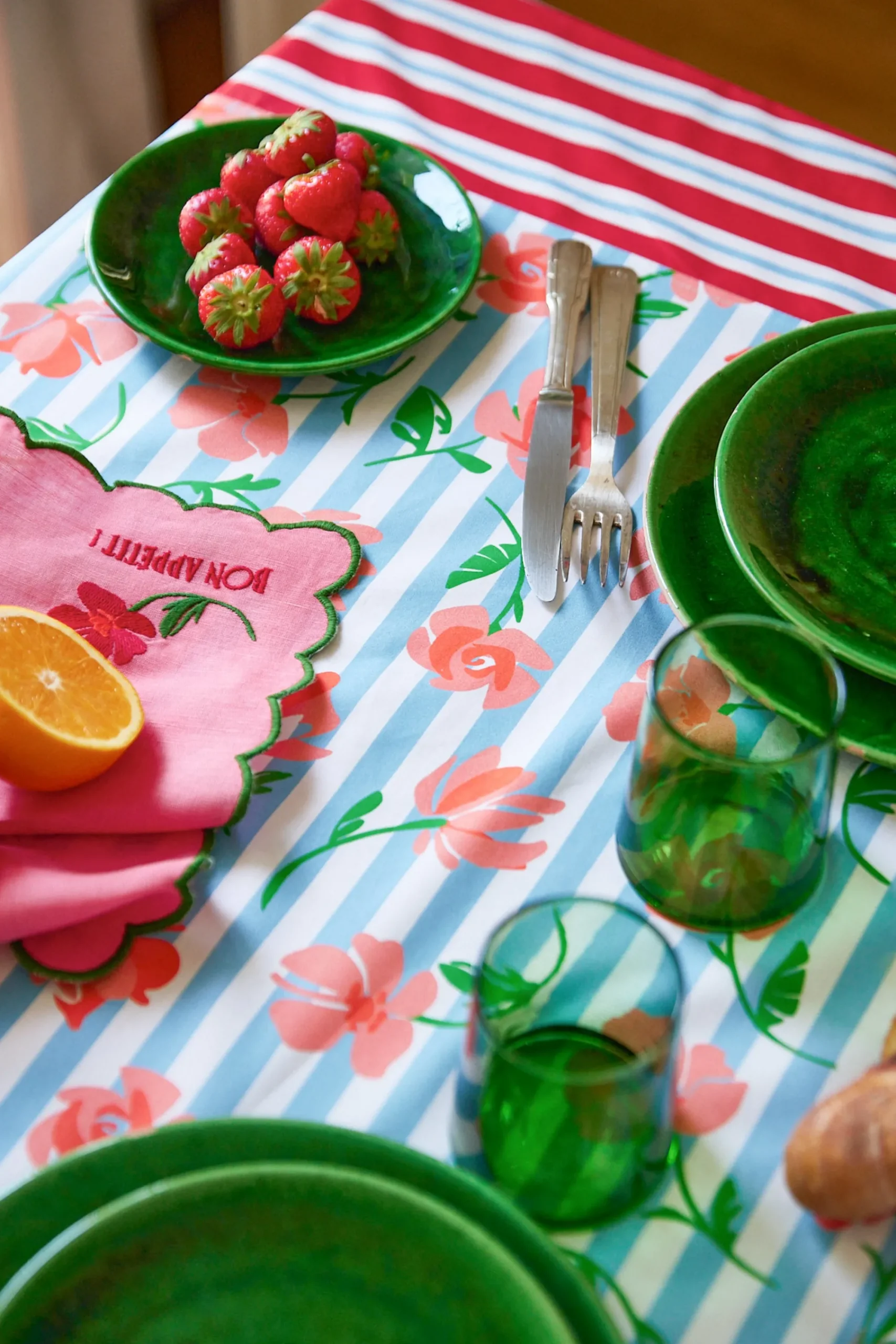 Art De La Table|Le Linge<Make My Lemonade NAPPE AMELIA BLUE FLOWERS STRIPES
